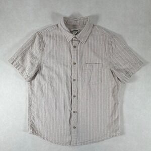Thom Aaron Mens Large Tan Striped Linen Cotton Short Sleeve Button Up Shirt
